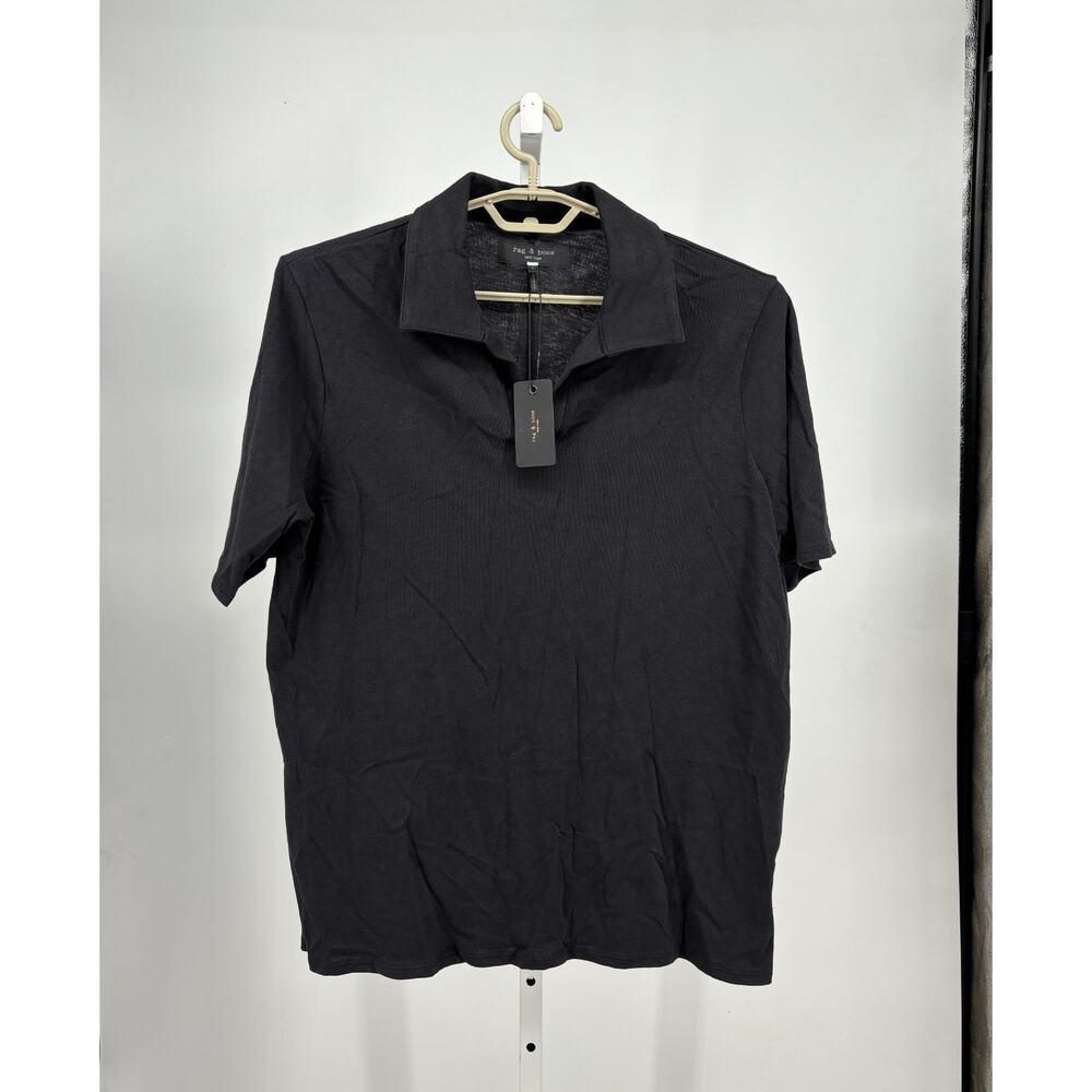 rag & bone Johnny Slub Polo Shirt Mens L Black Short Sleeve Knit Breathable NEW